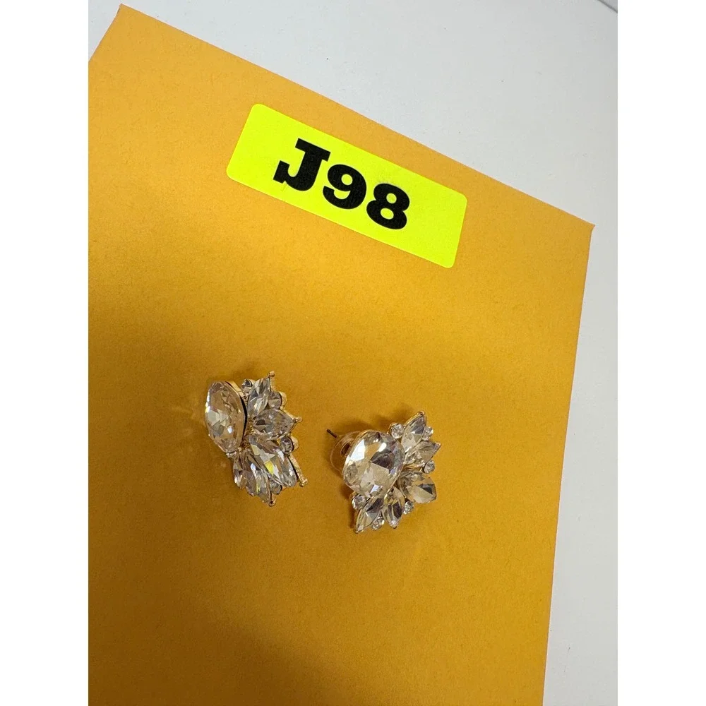 Gold Tone Clear Crystal Cluster Fan Statement Stud Earrings